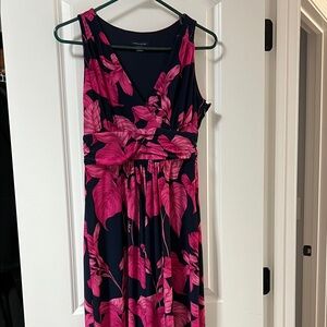 Tommy Hilfiger Navy Midi Dress with Hot Pink Tropical Leaf Print Sz 8